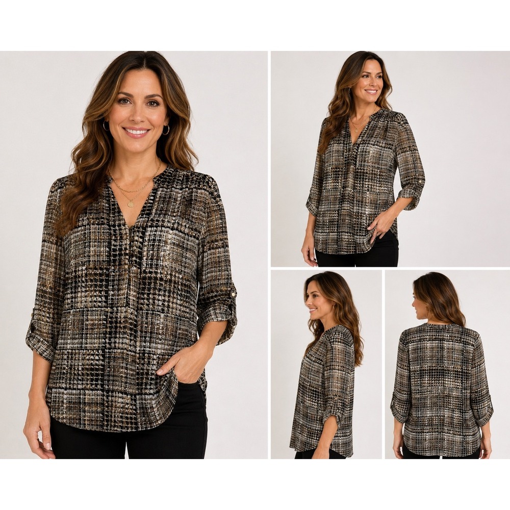 Sara Michelle Blouse Womens Medium Black Beige Metallic Plaid Roll Tab Top